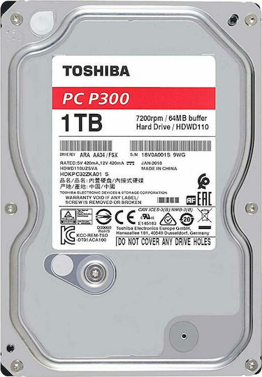 Toshiba P300 1TB HDD Σκληρός Δίσκος 3.5" SATA III 7200rpm με 64MB Cache για Desktop Bulk HDWD110UZSVA