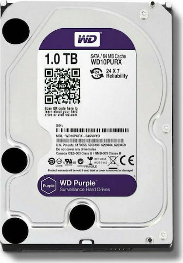 Western Digital Purple 1TB HDD Hard Drive 3.5" SATA III 5400rpm with 64MB Cache for Recorder WD10PURZ