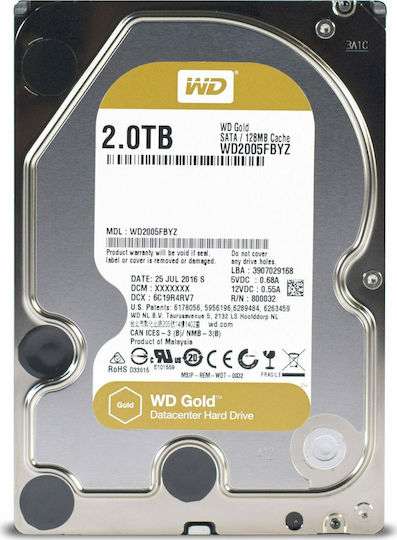 Western Digital Gold 2TB HDD Hard Drive 3.5" SATA III 7200rpm with 128MB Cache for Desktop / NAS / Server WD2005FBYZ