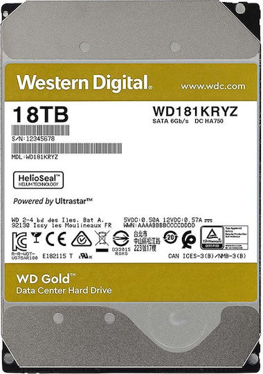 Western Digital Gold 18TB HDD Σκληρός Δίσκος 3.5" SATA III 7200rpm με 512MB Cache για Desktop / NAS / Server WD181KRYZ