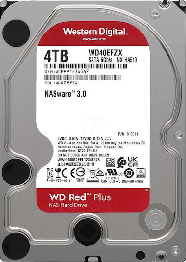 Western Digital Red Plus 4TB HDD Hard Drive 3.5" SATA III 5400rpm with 128MB Cache for NAS WD40EFZX