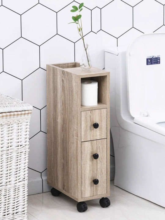 Kleankin Wheeled Wooden Bathroom Furniture Floor Bathroom Shelf Wooden with 3 Shelves 18x30x68.5cm Brown