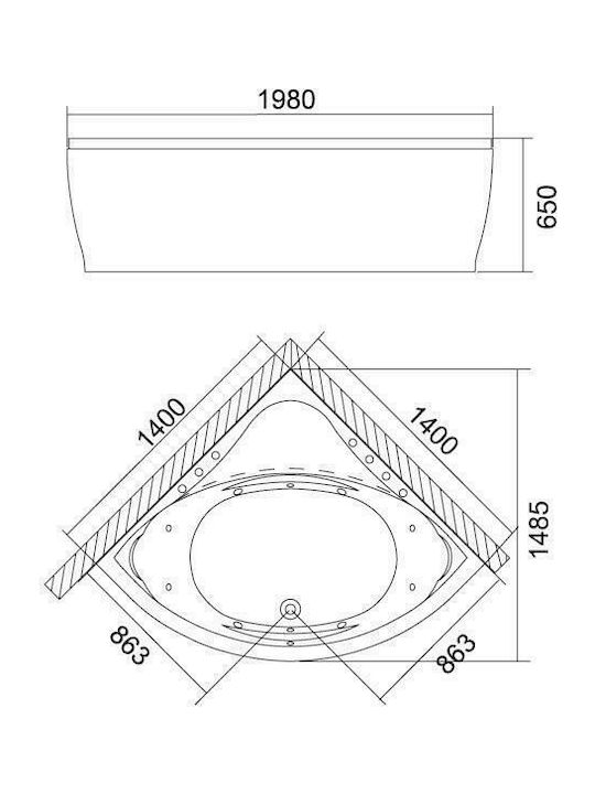Karag Concordia Γωνιακή Μπανιέρα Ακρυλική με Υδρομασάζ 140x140x65cm