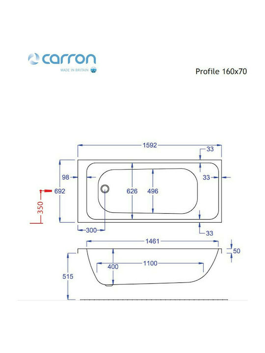 Carron Bathrooms Profile CRN Cadă de baie Acrilic 160x70cm