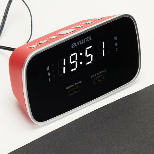 Aiwa Επιτραπέζιο Ψηφιακό Ρολόι LED με Ξυπνητήρι & Ραδιόφωνο Κόκκινο CRU-19RD