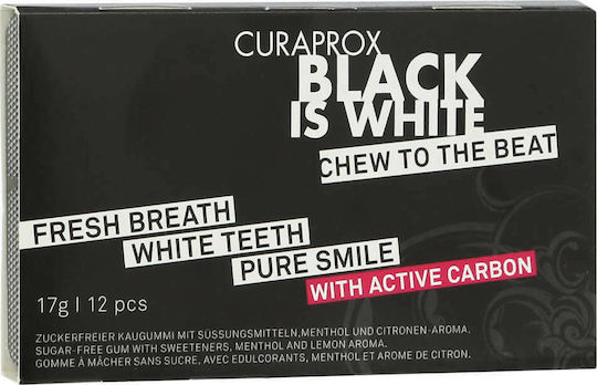 Curaprox 12 Kaugummi Black is White Aktivkohle mit Geschmack Zitrone - Minze Ohne Zuckerzusatz 17gr