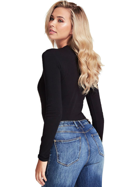 Guess Damen Bluse Baumwolle Langärmelig mit V-Ausschnitt Schwarz