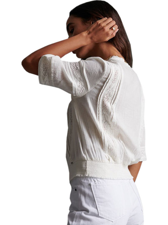Superdry Ellison Women's Summer Blouse Cotton Short Sleeve White