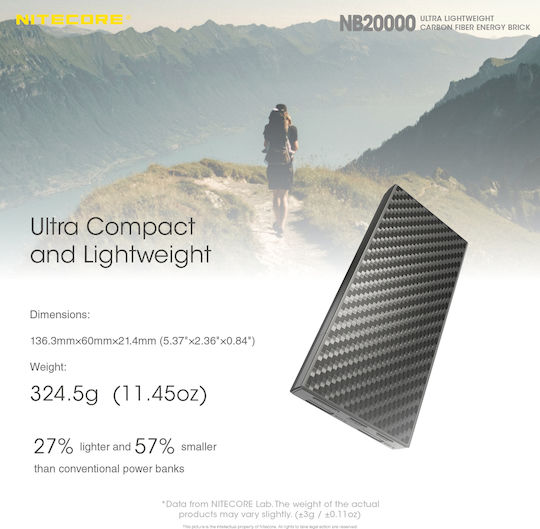 NiteCore NB20000 Power Bank 20000mAh 45W with 2 USB-A Ports and USB-C Port Carbon Fiber