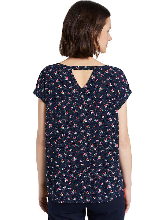 Tom Tailor Damen Sommer Bluse Kurzärmelig Blumen Marineblau