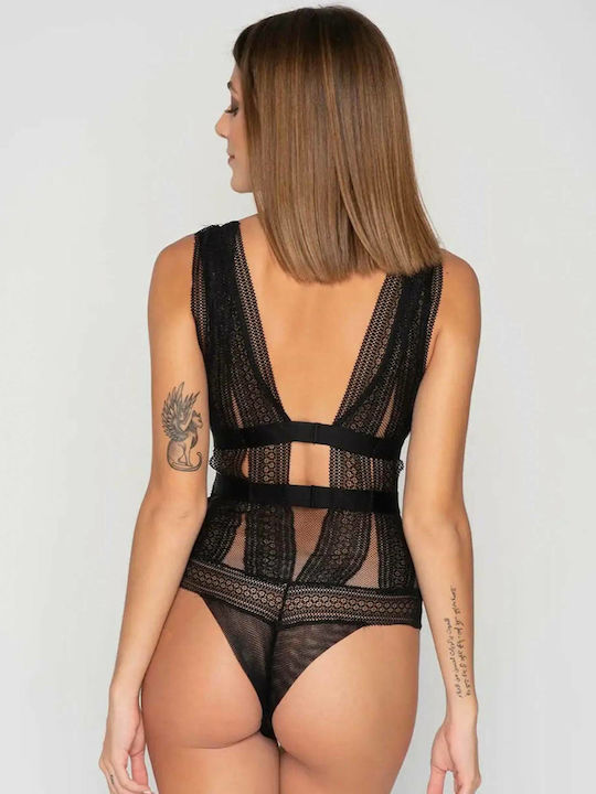 Luna Lingerie Sleeveless Bodysuit Scandal with Mesh & Lace Slim Fit Black