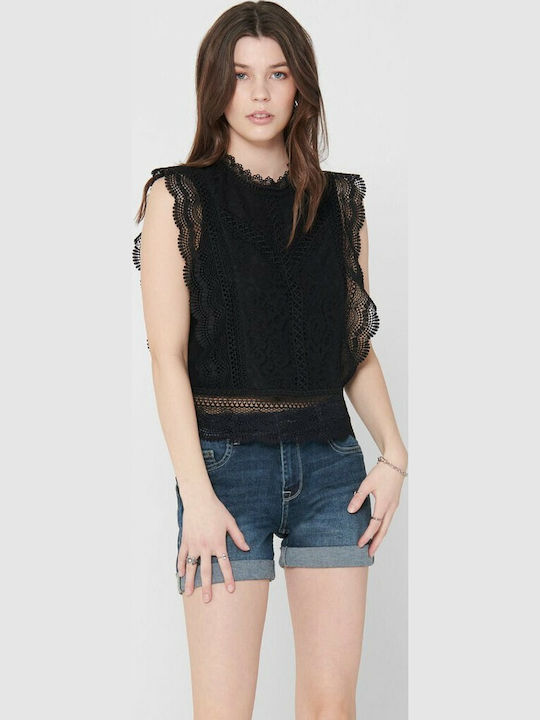 Γυναικείο Καλοκαιρινό Crop Top Βαμβακερό Αμάνικο Μαύρο