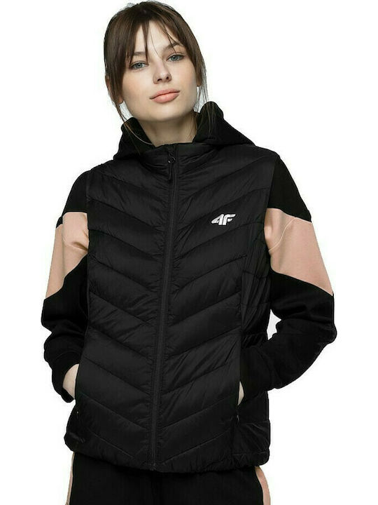 4F Women's Short Puffer Jacket for Winter with Hood Black