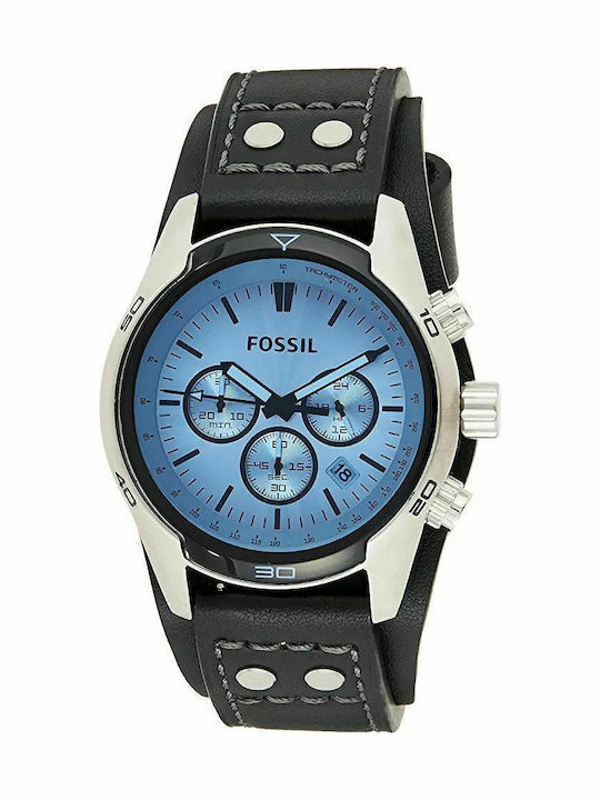 Fossil Ανδρικό Ρολόι 45mm Χρονογράφος Μπαταρίας με Μαύρο Δερμάτινο Λουράκι