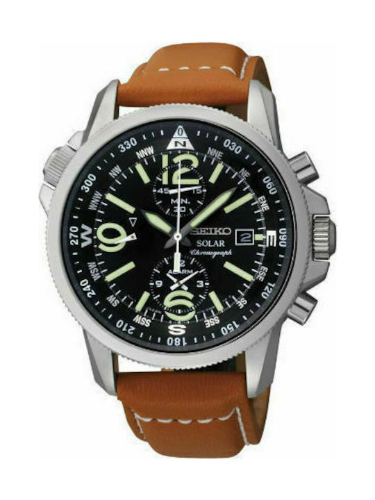 Seiko Ανδρικό Ρολόι 42mm Χρονογράφος Solar με Καφέ Δερμάτινο Λουράκι