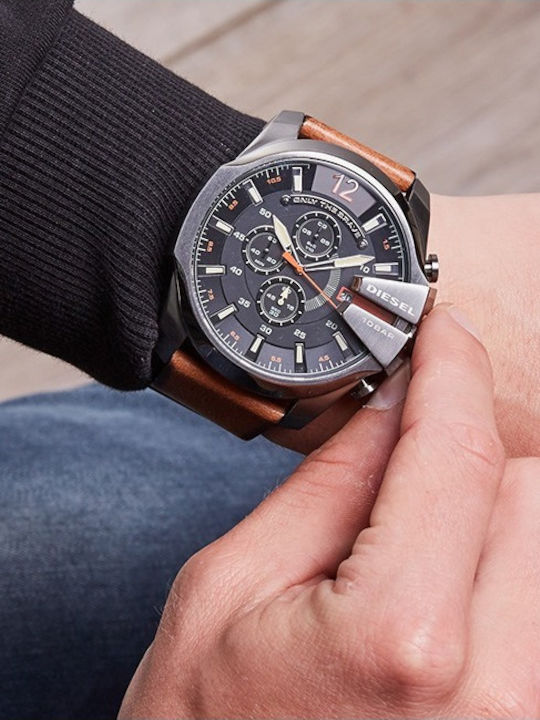 Diesel Mega Chief Men's Watch 51mm Chronograph Battery with Brown Leather Strap