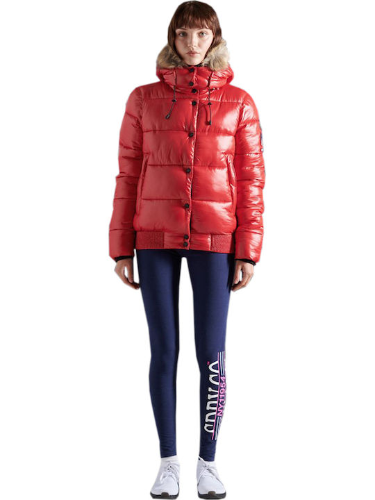 High Shine Toya Women's Short Puffer Jacket for Winter with Hood Red
