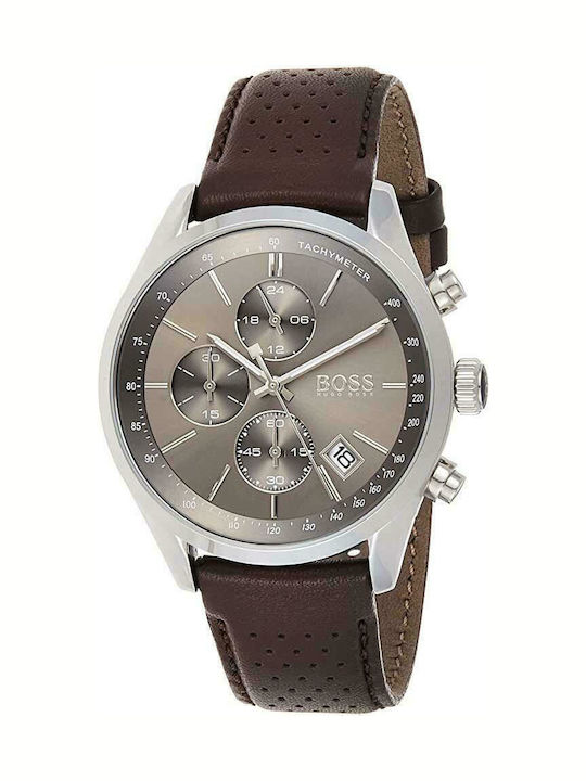 Boss Grand Prix Мъжки Часовник 44mm Хронограф На Батерия с Кафява Кожена Каишка