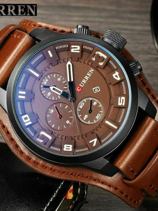Curren Ανδρικό Ρολόι 48mm Χρονογράφος Μπαταρίας με Δερμάτινο Λουράκι Brown