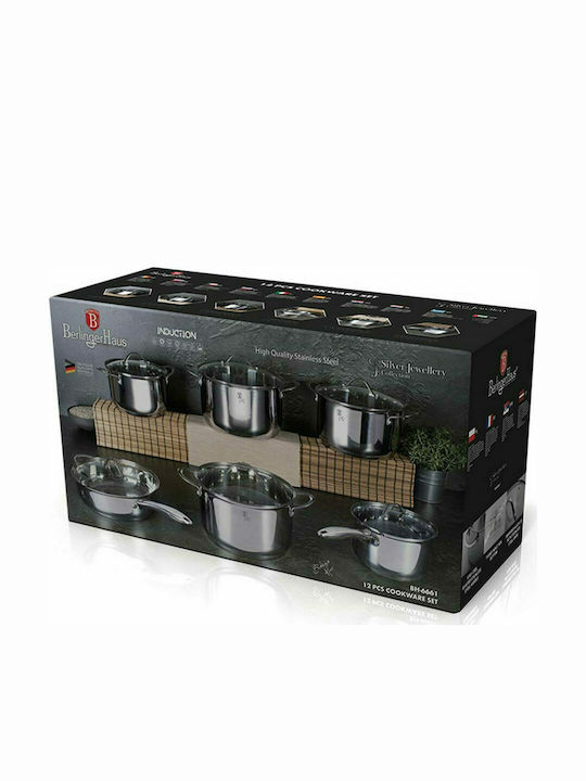 Berlinger Haus Silver Jewellery Collection Cookware Set of Stainless Steel with No Coating Silver 12pcs