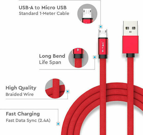 V-TAC Ruby Braided USB 2.0 spre micro USB Cablu Roșu 1m (8497) 1buc
