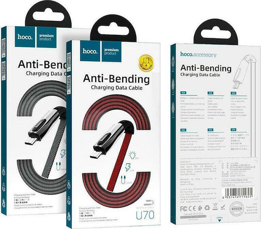 Hoco U70 Splendor Flat / LED USB 2.0 to micro USB Cable Κόκκινο 1.2m (HOC-U70m-R)