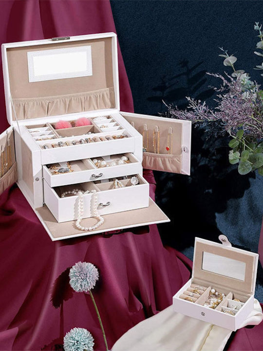 Songmics Metal Jewellery Box with Drawer & Mirror White 26x18x17cm