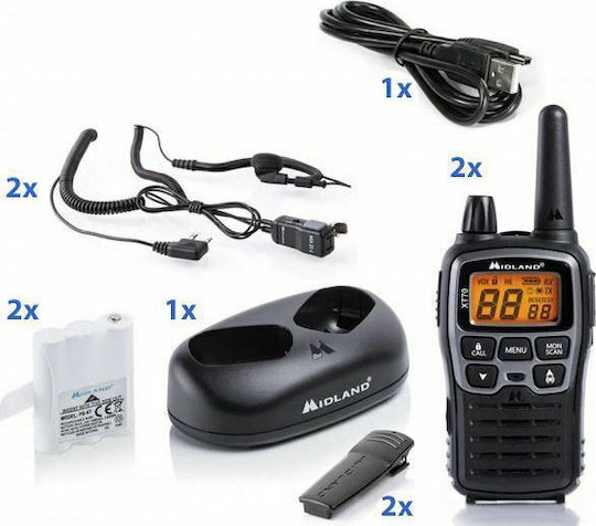 Midland XT70 Wireless Transceiver PMR 0.5W with Monochrome Screen Set of 2pcs In Silver Color