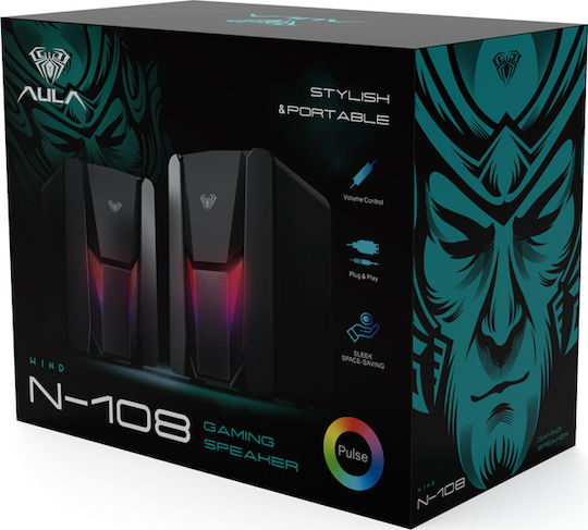 Aula N-108 Ηχεία Υπολογιστή 2.0 με RGB Φωτισμό και Ισχύ 3W Μαύρα