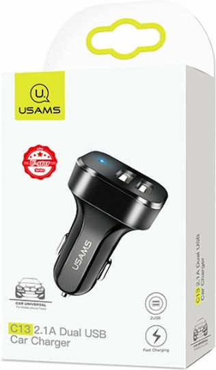 Usams C13 Car Charger 10W 2.1A Fast Charging with Ports: 2xUSB with Cable Micro-USB Black Color