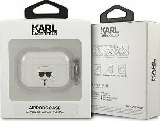 Karl Lagerfeld Karl`s Head Glitter Hülle Silikon mit Haken in Silber Farbe für Apple AirPods Pro