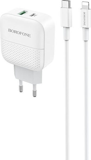 Borofone Încărcător cu Port USB-A și Port USB-C și Cablu USB-C - Lightning 18W Power Delivery / Quick Charge 2.0 / Quick Charge 3.0 Alb (BA46A)
