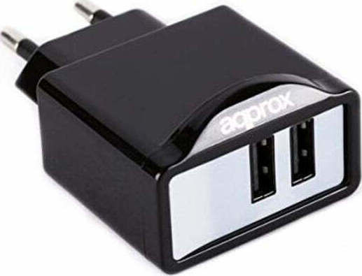 Approx Зарядно без кабел с 2 USB-A порта Черен (APPUSBWALL21B)