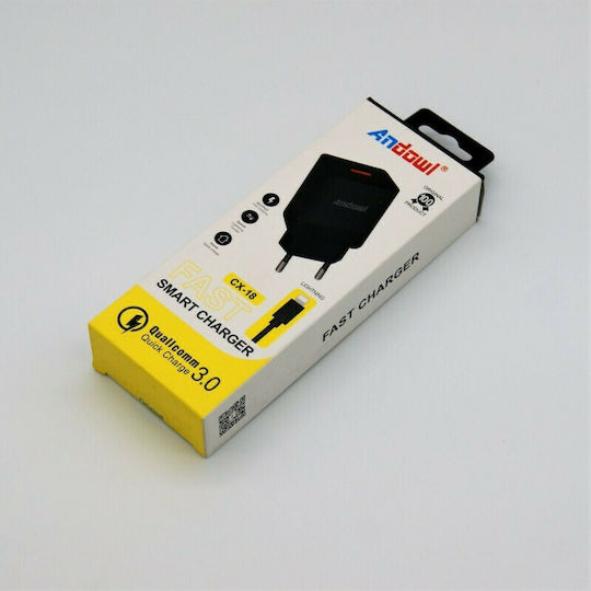 Andowl Încărcător cu Port USB-A și Cablu Lightning Negruς (CX-18)