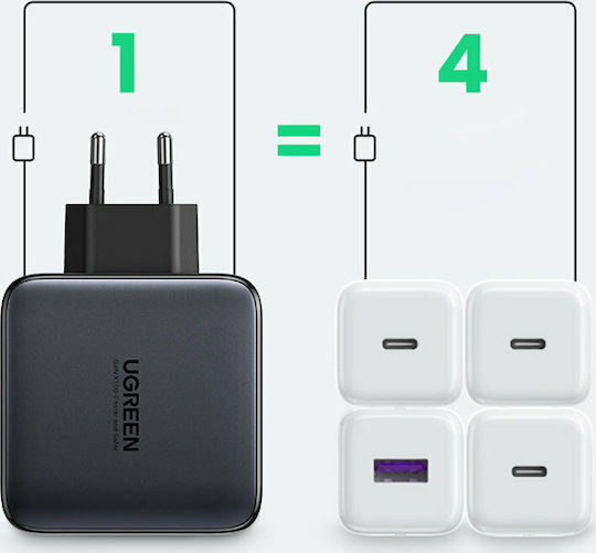 Ugreen GaN Wireless Charger with USB-A Port and 3 USB-C Ports 100W Power Delivery / Quick Charge 4+ Black (CD226)
