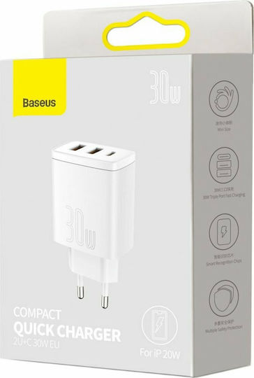 Baseus Φορτιστής Χωρίς Καλώδιο με 2 Θύρες USB-A και Θύρα USB-C 30W Power Delivery Λευκός (Compact 2U+C)
