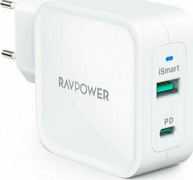 RAVPower Wall Adapter with USB-A port and USB-C port 65W Power Delivery in White Colour (RP-PC133)