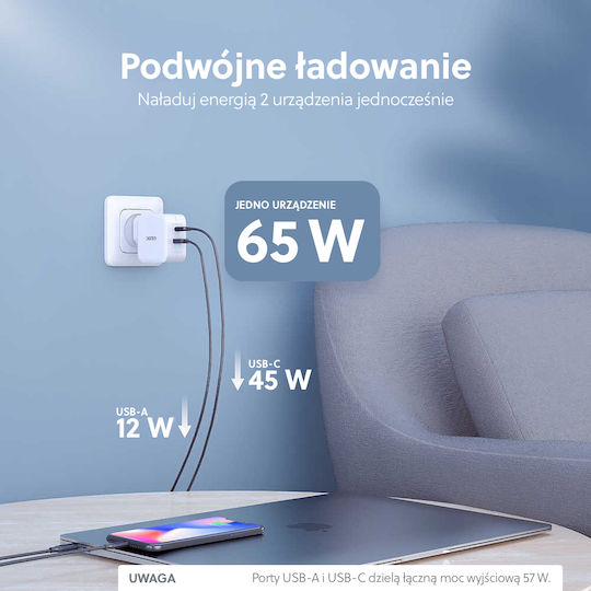 Choetech GaN Kabelloser Handyladegerät mit USB-A und USB-C Ausgangsanschlüssen Weiß (PD8002)