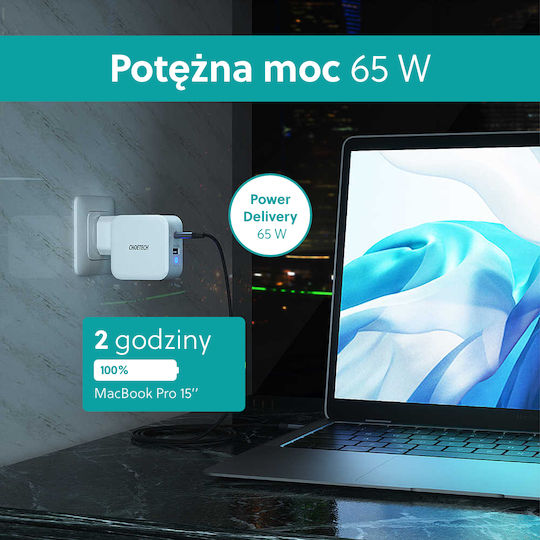 Choetech GaN Kabelloser Handyladegerät mit USB-A und USB-C Ausgangsanschlüssen Weiß (PD8002)