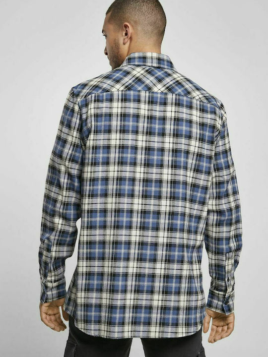 Urban Classics Men's Shirt Long Sleeve Flannel Checked Dark Blue / White