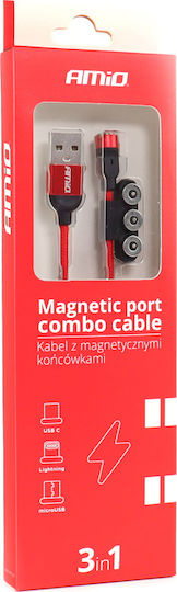 AMiO Magnetic USB to Lightning / Type-C / micro USB 1m 2.4A Cable Red (02522)