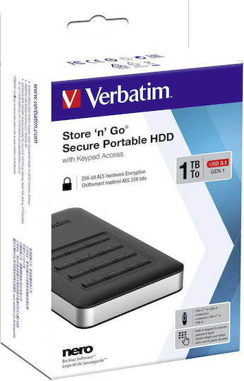Verbatim Store 'n' Go Secure with Keypad Access USB 3.1 / USB-C External 2.5" HDD 1TB Black