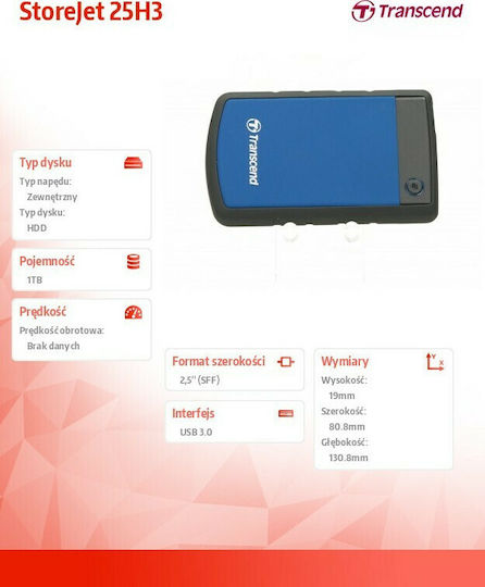 Transcend StoreJet 25H3 USB 3.0 External 2.5" HDD 1TB Blue