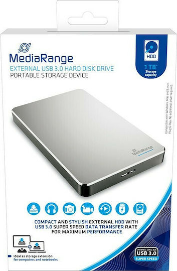 MediaRange MR996 USB 3.0 Εξωτερικός HDD 1TB 2.5" Ασημί