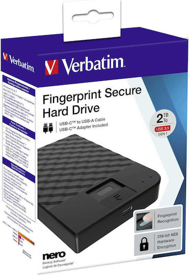 Verbatim Fingerprint Secure USB 3.1 / USB-C Εξωτερικός HDD 2TB 2.5" Μαύρο