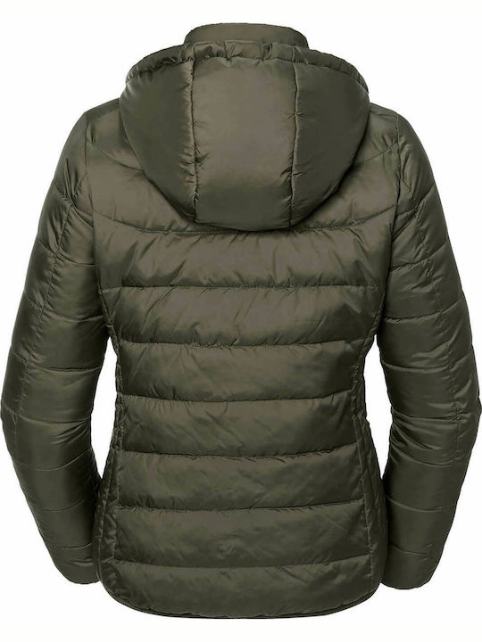 Russell Athletic R-440F-0 Women's Short Puffer Jacket for Winter with Detachable Hood Khaki