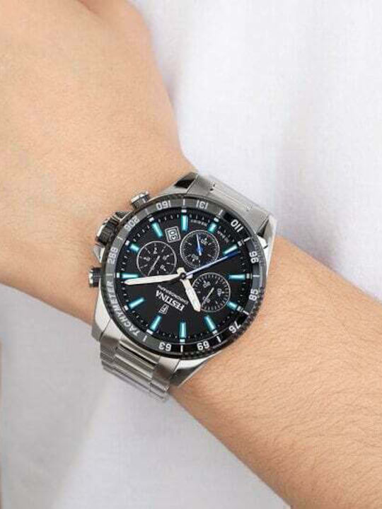 Festina Ανδρικό Ρολόι 45mm Χρονογράφος Μπαταρίας με Ασημί Μεταλλικό Μπρασελέ