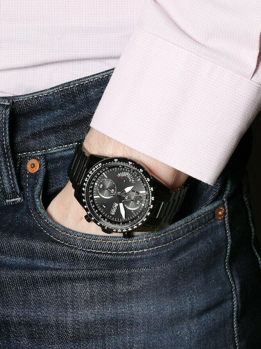 Boss Pilot Men's Watch 44mm Chronograph Battery with Black Metal Bracelet