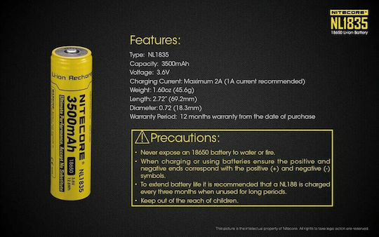 NiteCore NL1835 Презареждаща батерия 18650 Li-ion 3500mAh 3.6V 1бр