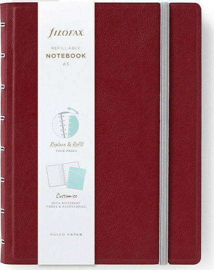 Filofax Notebook Notizbuch Spirale 56 Blätter A5 Geregelt mit Gummiband Rot